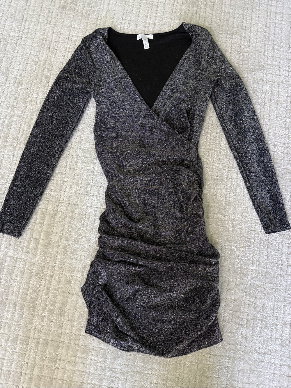Leith Black Metallic Long-Sleeve Ruched Wrap Style Bodycon Dress